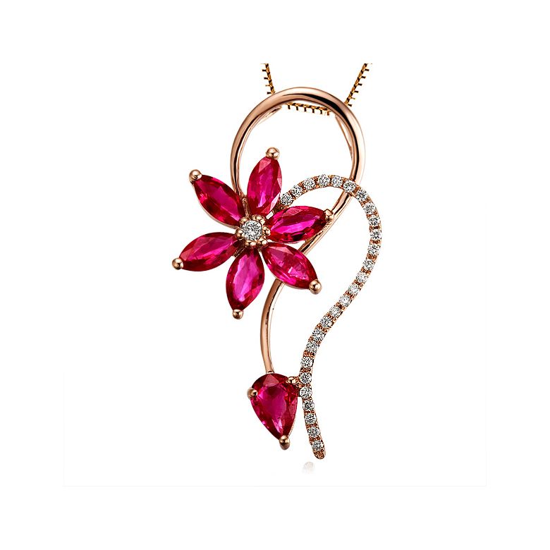 Pendentif Fleur en or rose -  Rubis et diamants sertis - 1