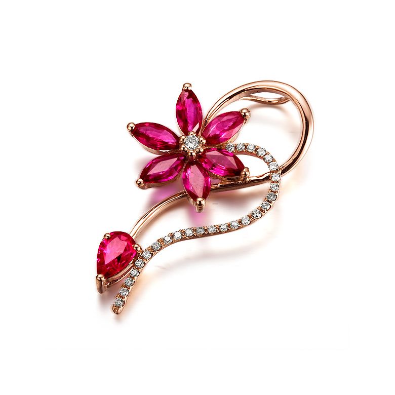 Pendentif Fleur en or rose -  Rubis et diamants sertis - 4