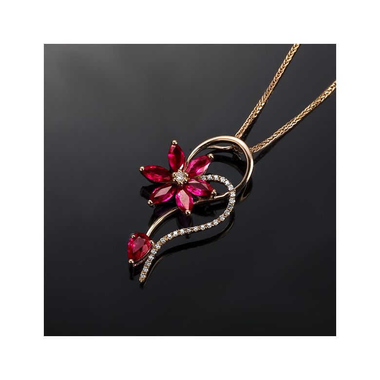 Pendentif Fleur en or rose -  Rubis et diamants sertis - 3
