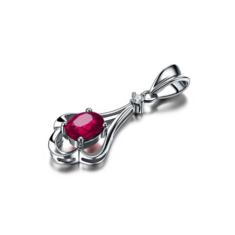 Pendentif solitaire - Or blanc - Rubis et diamant en pendeloque - 3