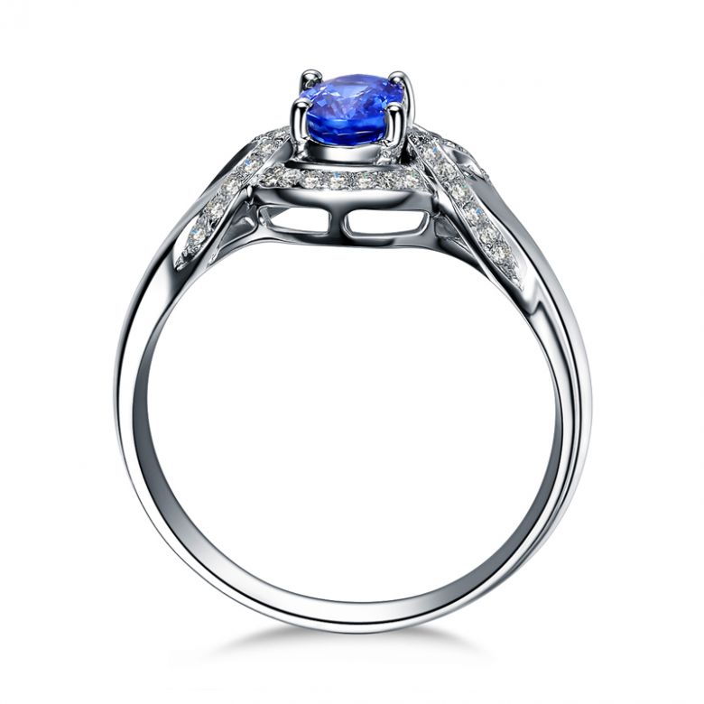 Bague fiançailles saphir diamants et or blanc. Motifs bouclés - 7