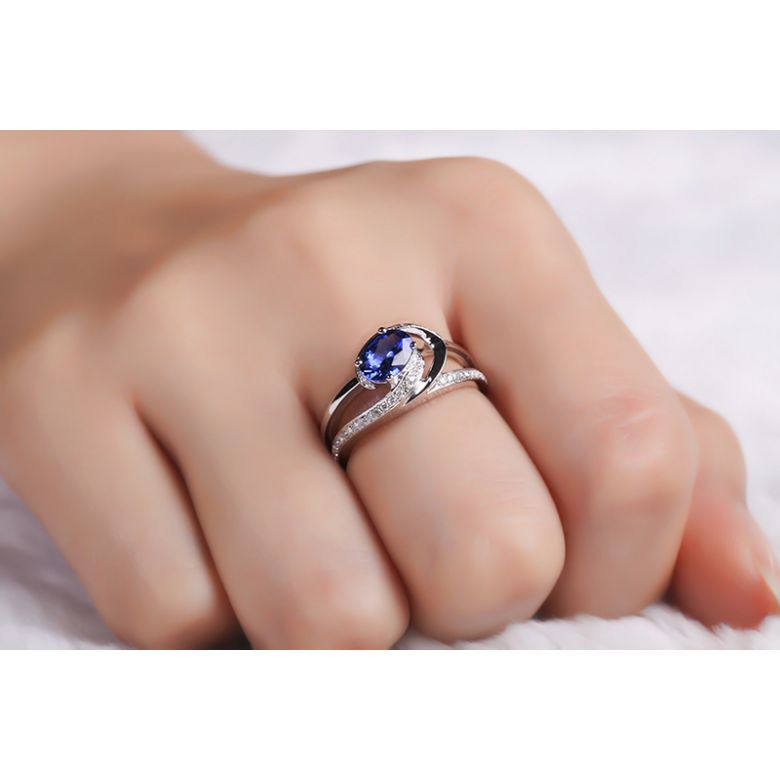 Bague de fiançailles saphir ovale 1 carat. Diamant, Or blanc - 5