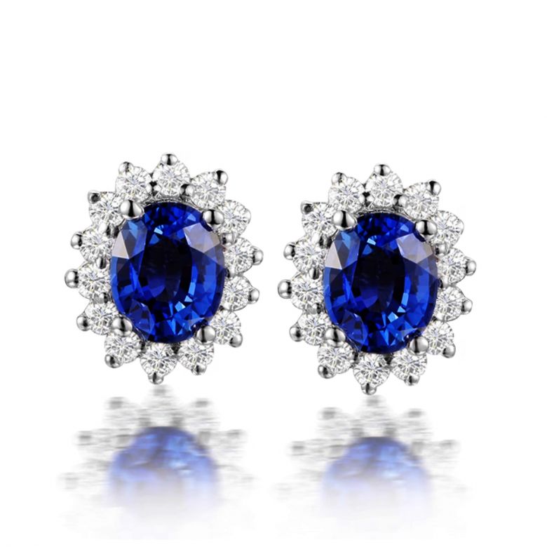 Boucle d oreille fleur de bleuet  Saphir, diamant or blanc - 1