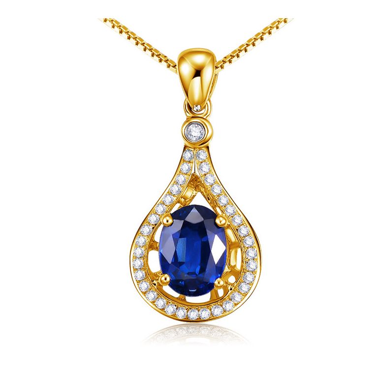 Saphir et diamant sur Or jaune - Pendentif oval - 1