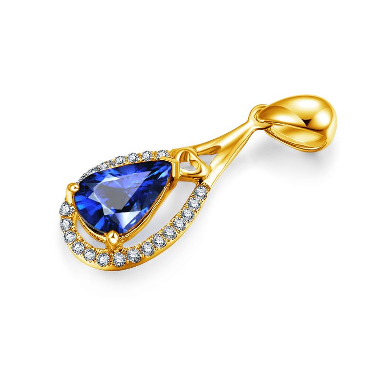 Pendentif goutte Or jaune 18 carats - Saphir et diamants - 2