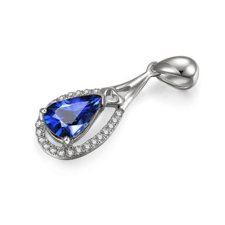 Pendentif goutte Or blanc 18 carats - Saphir et diamants - 2