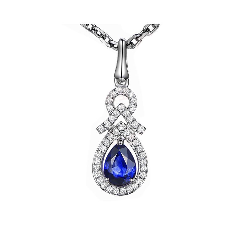Pendentif Or blanc 18 carats - Saphir et diamants en poire - 1