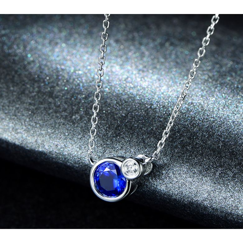 Collier pendentif Or blanc, saphir et diamant sertis clos - 3