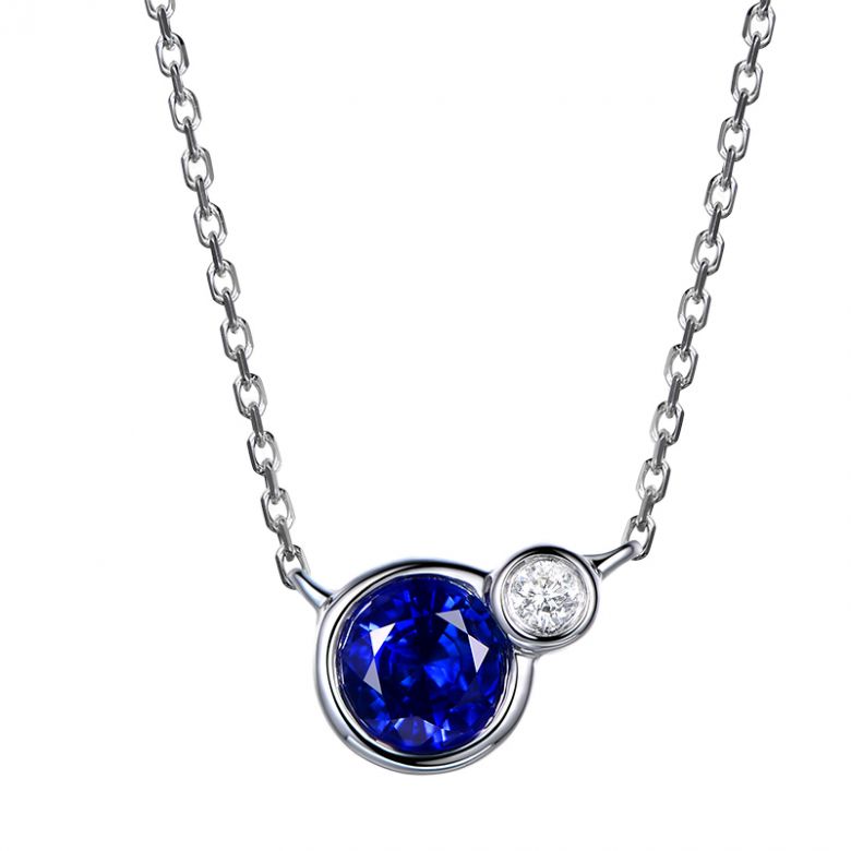 Collier pendentif Or blanc, saphir et diamant sertis clos - 1