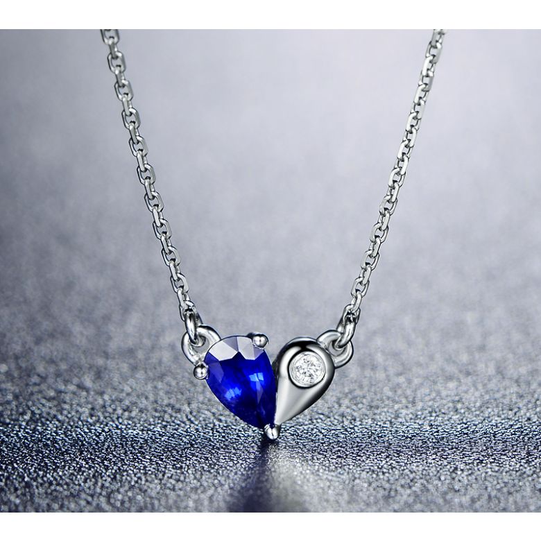 Pendentif coeur saphir et diamant. Or blanc avec sa chaîne - 4