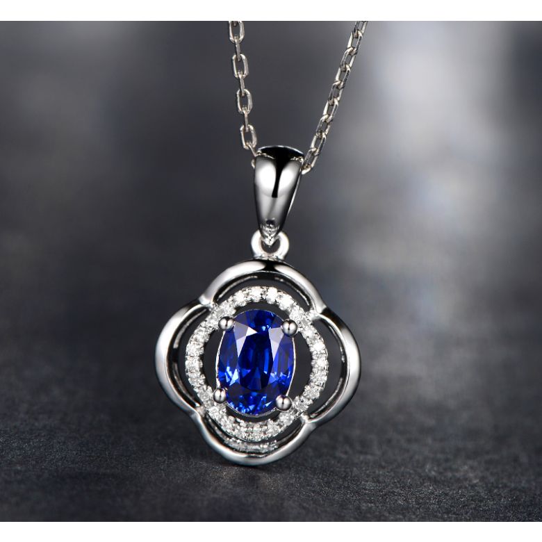 Pendentif saphir 1 carat. Breloque Or blanc motif fleur - 7