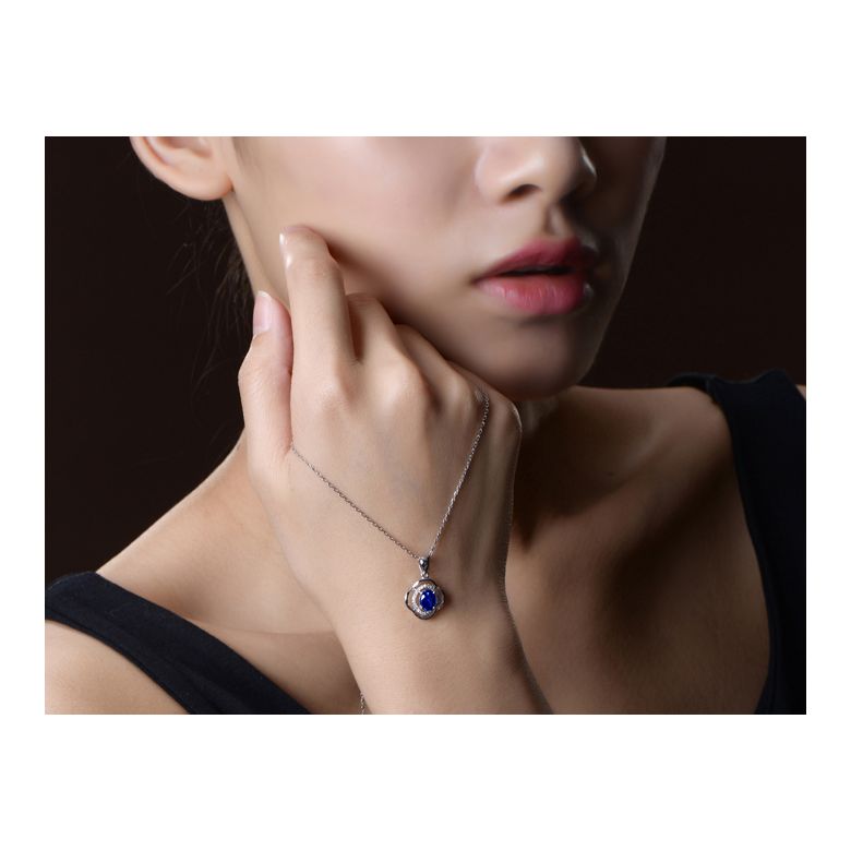 Pendentif saphir 1 carat. Breloque Or blanc motif fleur - 4