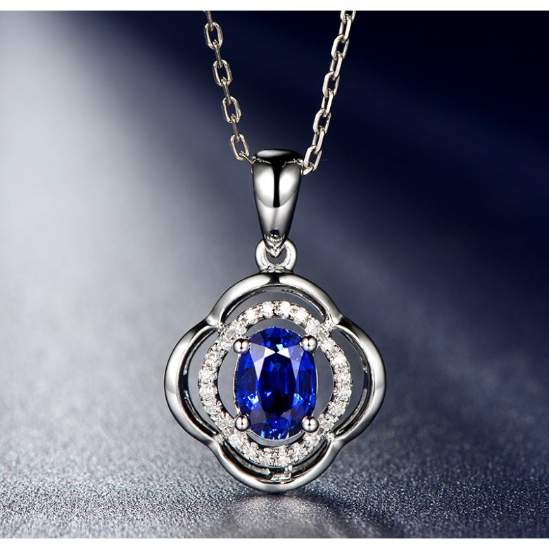 Pendentif saphir 1 carat. Breloque Or blanc motif fleur - 3