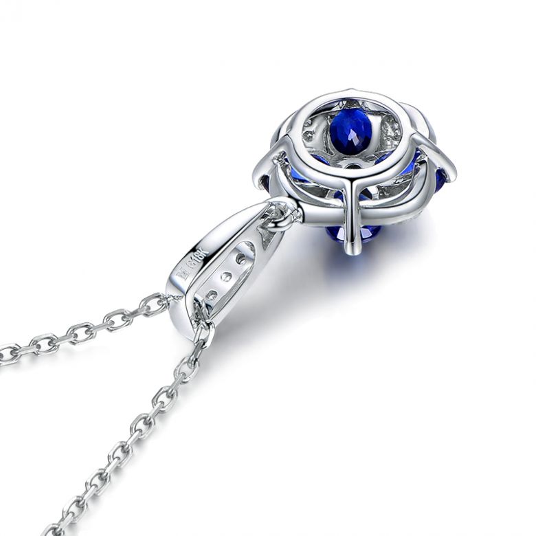 Pendentif solitaire fleur bleue. Or blanc, saphirs et diamants - 13