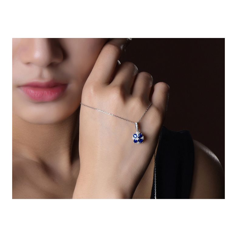 Pendentif solitaire fleur bleue. Or blanc, saphirs et diamants - 2