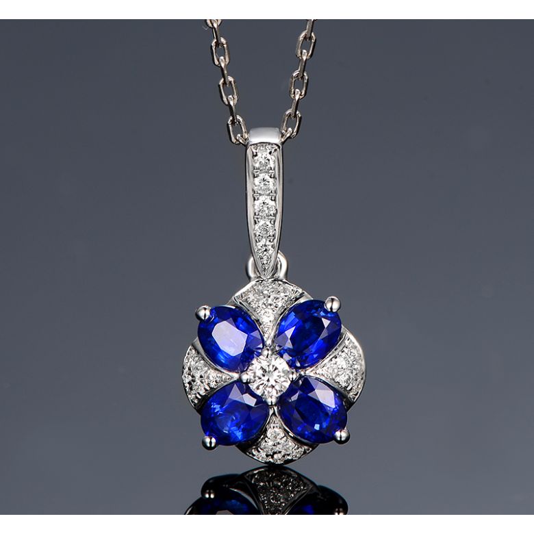 Pendentif solitaire fleur bleue. Or blanc, saphirs et diamants - 8
