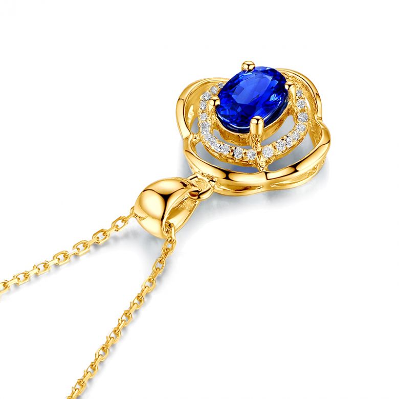 Pendentif saphir 1 carat. Breloque Or jaune motif fleur - 9
