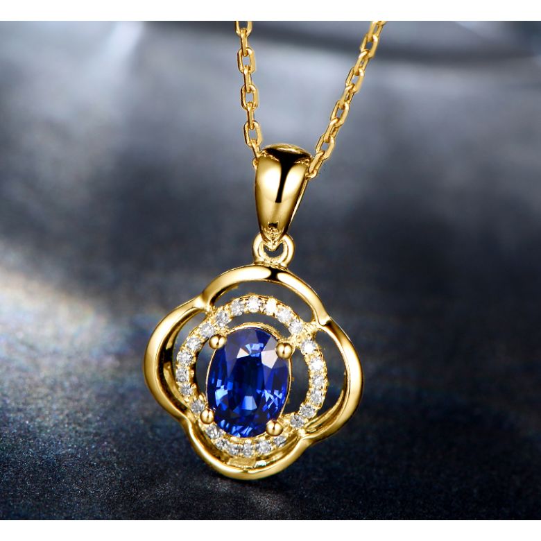 Pendentif saphir 1 carat. Breloque Or jaune motif fleur - 7