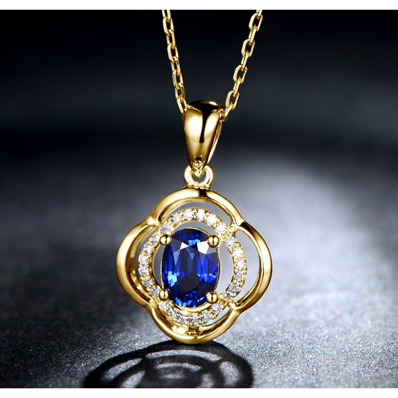 Pendentif saphir 1 carat. Breloque Or jaune motif fleur - 3