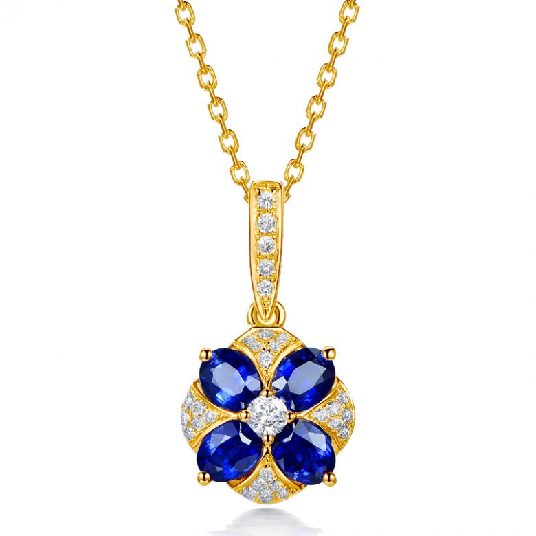 Pendentif solitaire fleur bleue. Or jaune, saphirs et diamants - 1