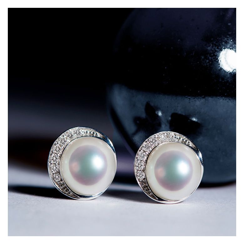 Boucles oreilles couronne Or blanc Diamants. Perles Akoya - 11
