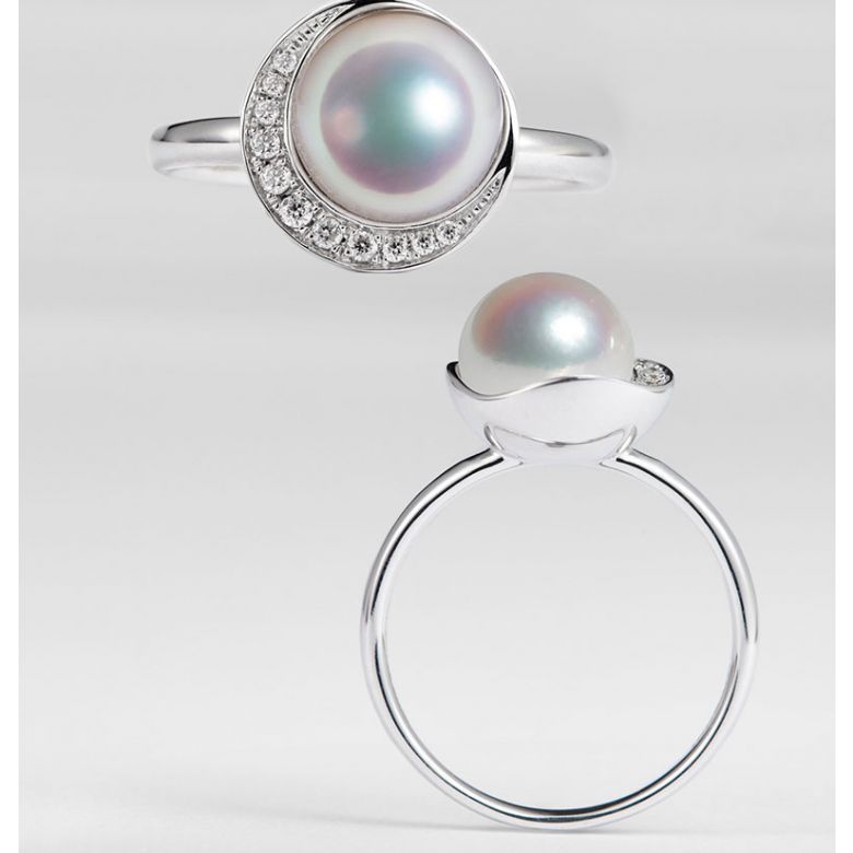 Bague Hinata. Couronne Or blanc et Diamants. Perle Akoya - 6