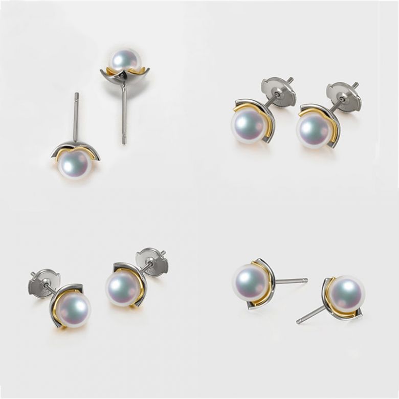 Boucles Oreilles Lotus du Japon. Perle Akoya et Or Blanc et Jaune - 3
